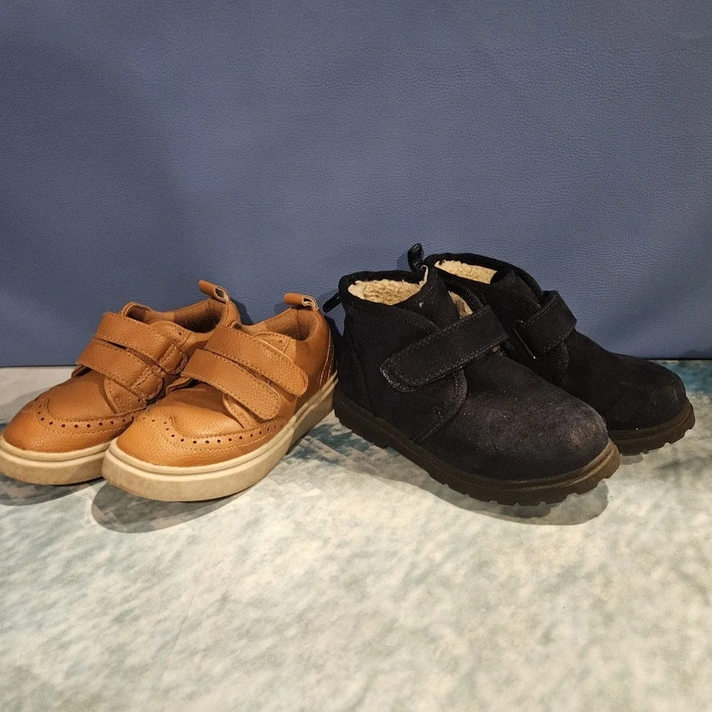 Toddler Boys Shoes 2 Pairs Size 8 Brown Wingtip Sneakers Navy Fleece Lined Boots